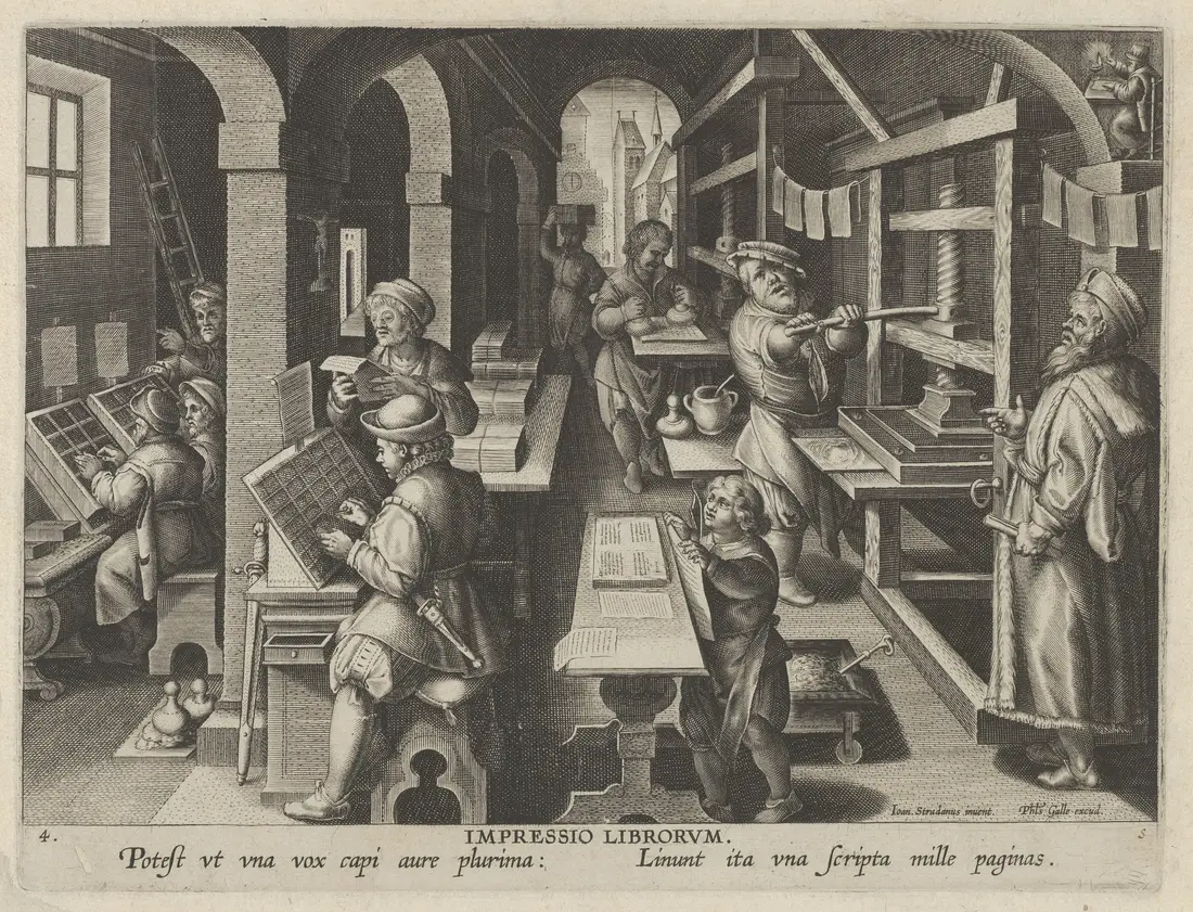 Engraving of a print shop, with compositors setting type and a wooden press pulling a sheet.